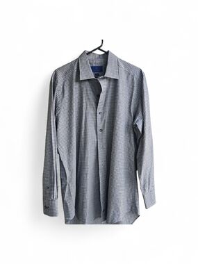 David Donahue Blue and Gray Micro-Check Dress Shirt